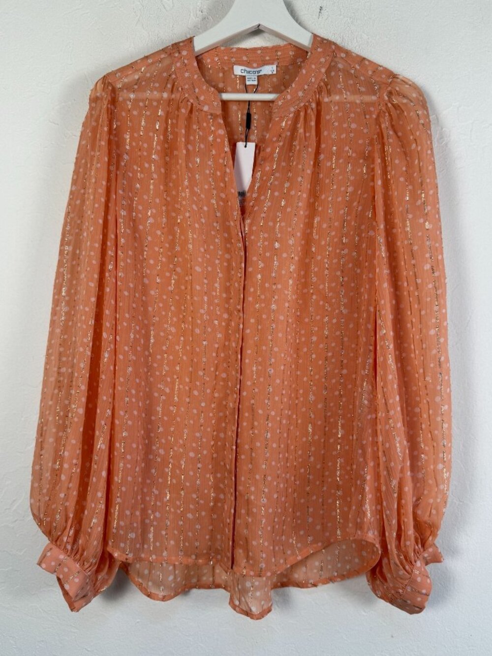Chico's Metallic Jacquard Billow Sleeve Blouse Orange Gold Dot Stripe Size 1 New
